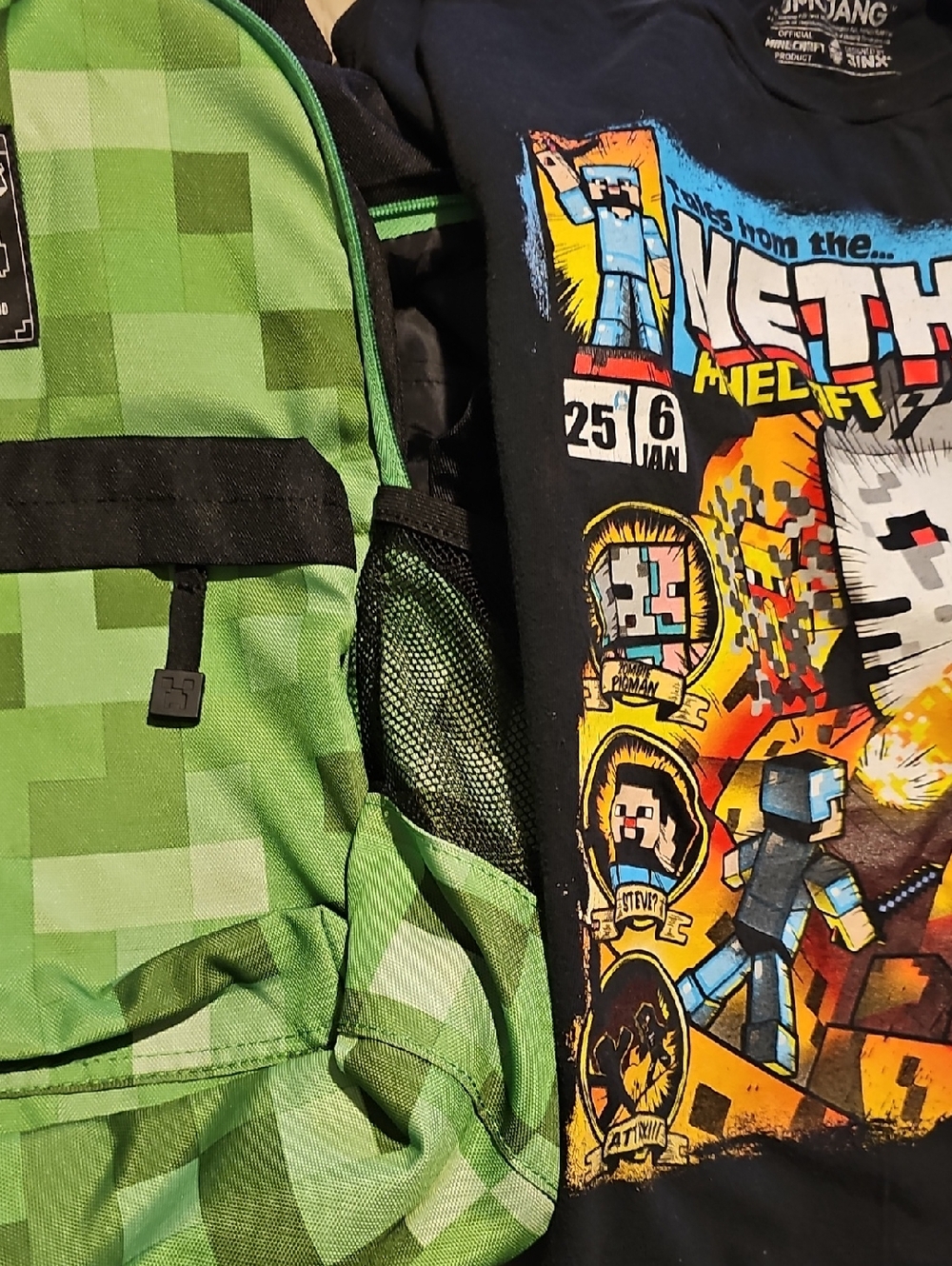 Bundle Of Men's Xl Minecraft Graphic Tee with Green Pixel Backpack